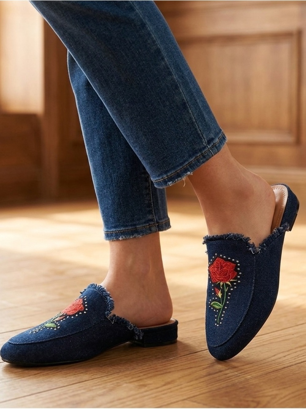 Yoki Willas-71 Embroidered Rose, Dark Denim, Frayed, Flat Mules. NIB